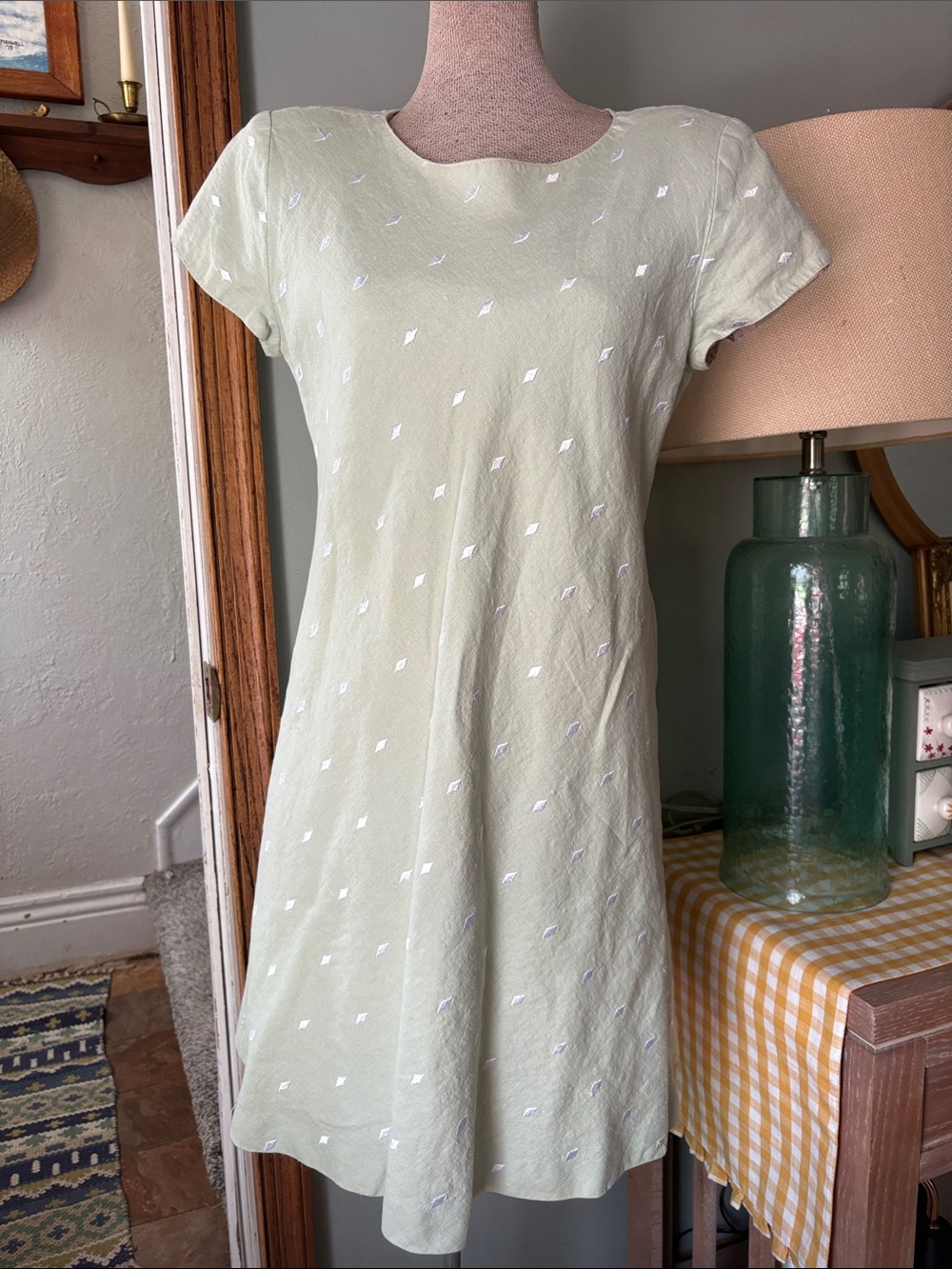 Light Sage Short-Sleeve Shift Dress with White Embroidery
